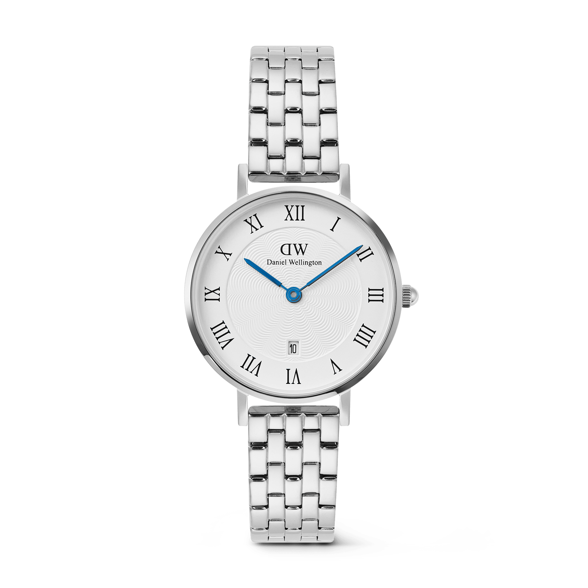 ساعة Daniel Wellington Petite Roman Numerals Date 5-link نسائية فضية 28 مم